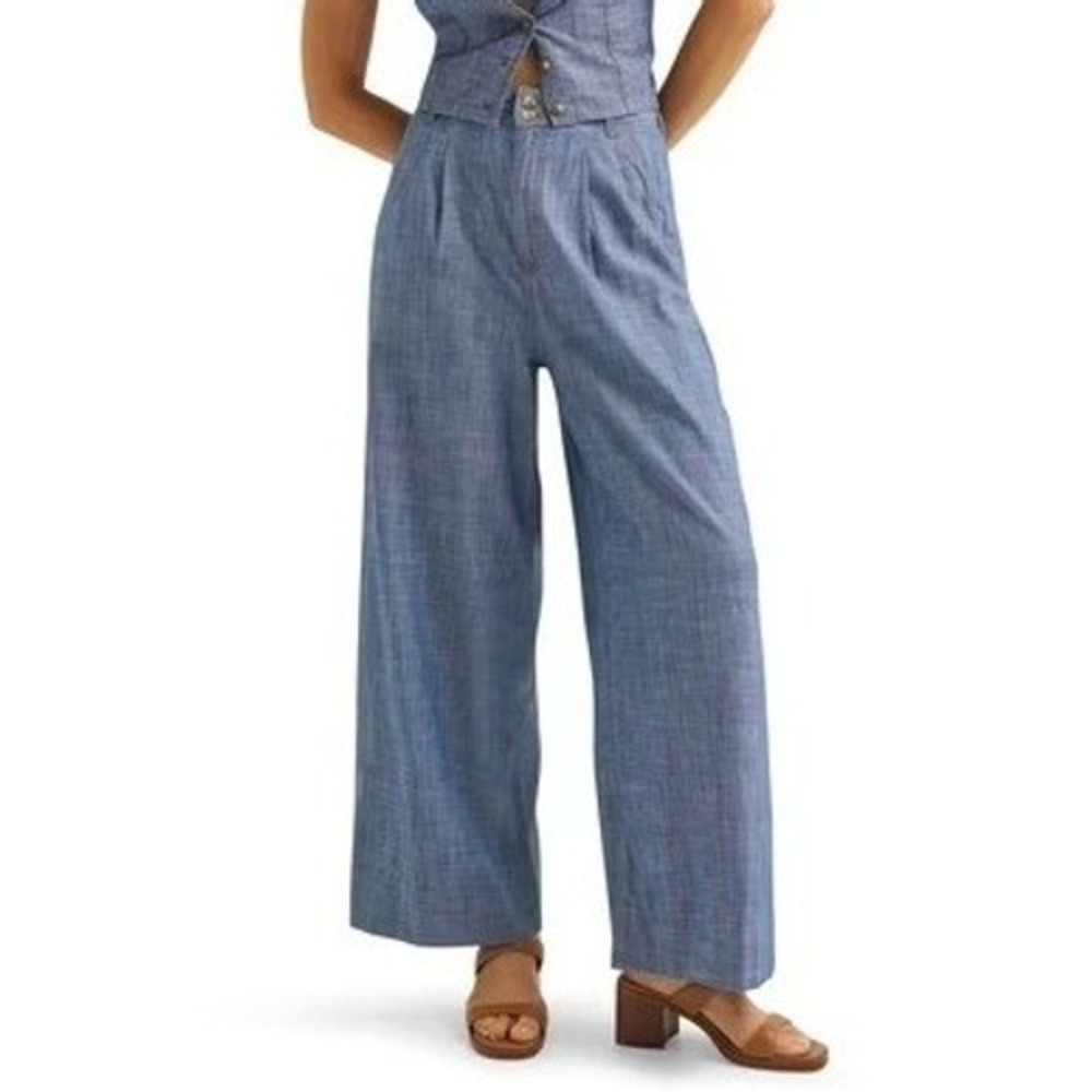 LEE Wide Leg Loose Fit Pleated Trouser Pants Sz 8 Indigo Prep Chambray Denim NWT
